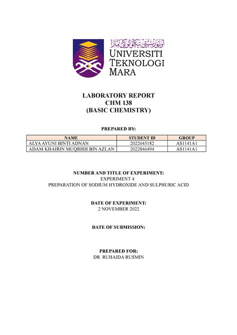 LAB Report CHM138 Experiment 4 LABORATORY REPORT CHM 138 BASIC