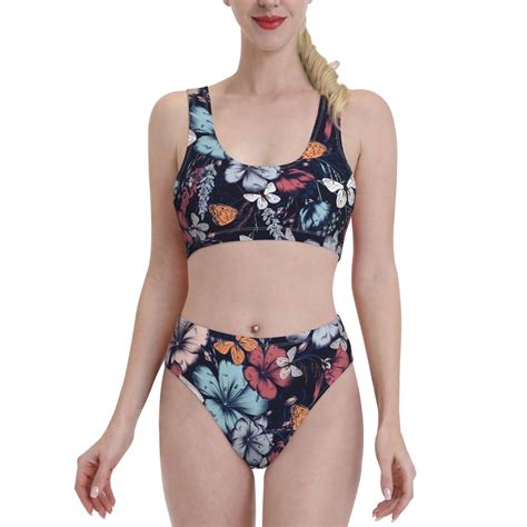 Adobk Flowers Ad Butterflies Print Women High Waisted Bikini Set Sports