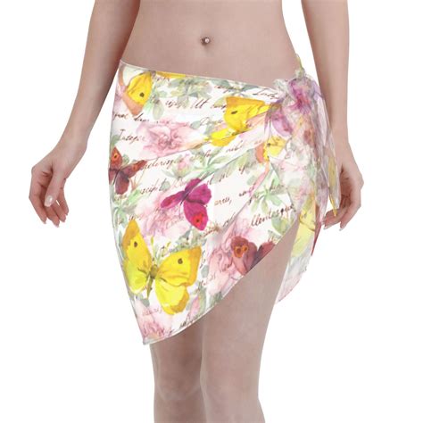 Adobk Women Beach Sarong Bathing Suit Butterflies And Vintage Print Wrap Skirt Sheer Bikini