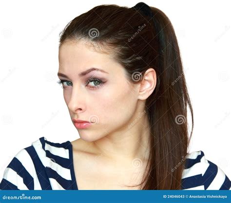 This Is Lie Portrait Of Suspicious Girl In Denim Shirt Touching Nose