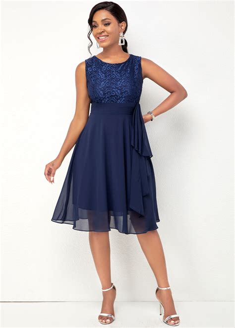 Lace Stitching Navy Blue Chiffon Dress Rosewe Usd