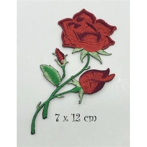 Écusson patch brodé thermocollant FLEUR ROSE ROUGE 7 x 12 cm