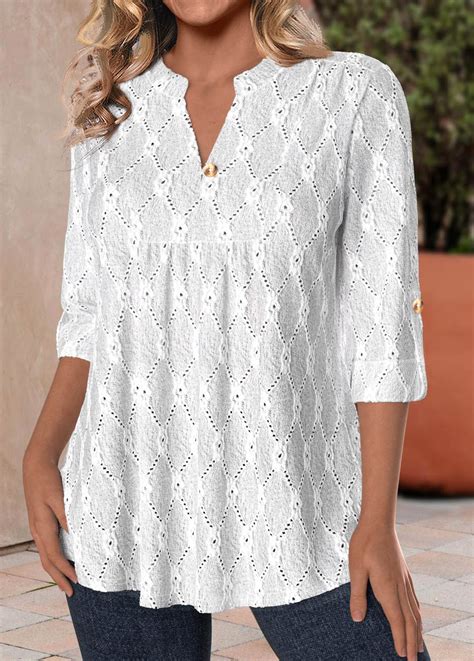 Textured Fabric White Sleeve Split Neck Blouse Rosewe Usd