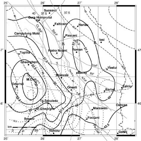 Map with the depths (km) to the Moho discontinuity. Thick black... | Download Scientific Diagram