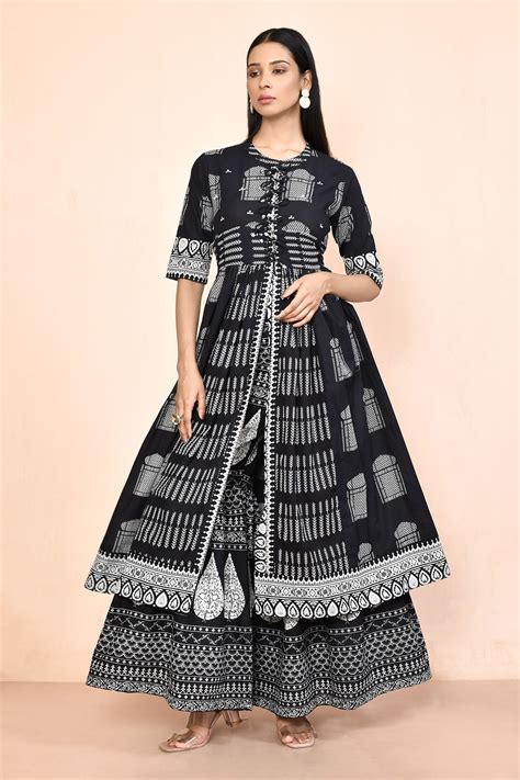 Buy Black Cotton Printed Digital Anarkali Kurta Palazzo Pant For Women