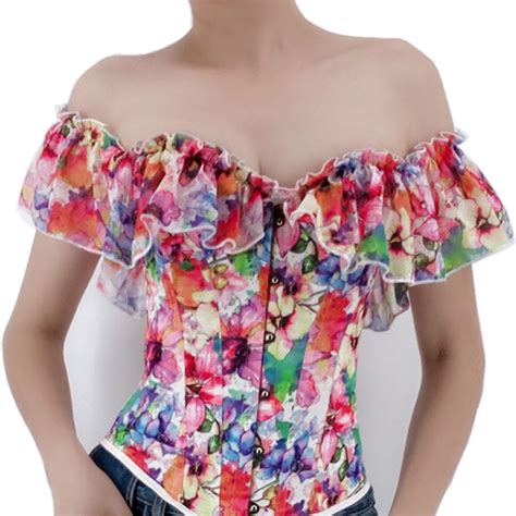 Sexy Retro Floral Print Off Shoulder Ruffles 12 Plastic Boned Body Shaper Overbust Corset N22231