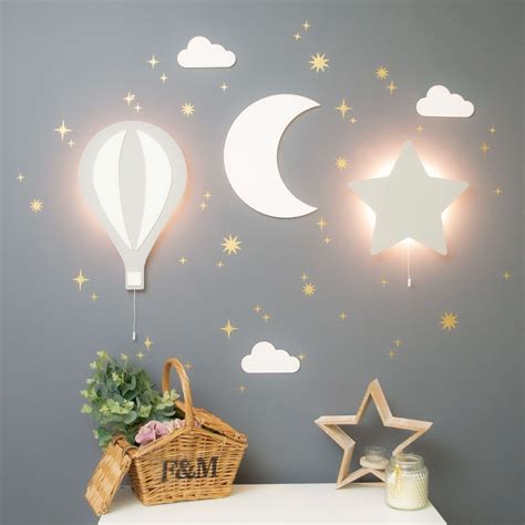 Bundle Set Star Hot Air Balloon Night Light Wooden Moon Crescent 3 X