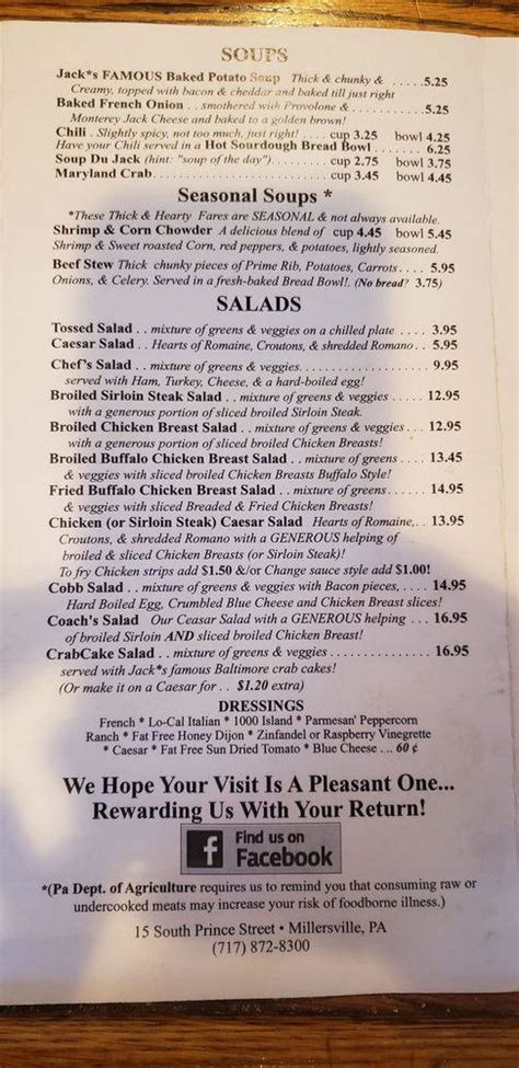 Menu at Jack's Family Tavern & Restaurant, Millersville