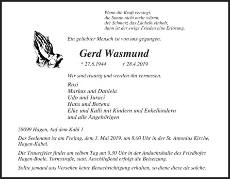 Traueranzeigen Von Gerd Wasmund Trauer In NRW De