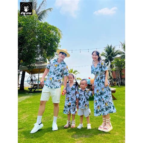 combo ao  mi vay gia dinh fig tree hoa tiet cay dua sieu xinh ma