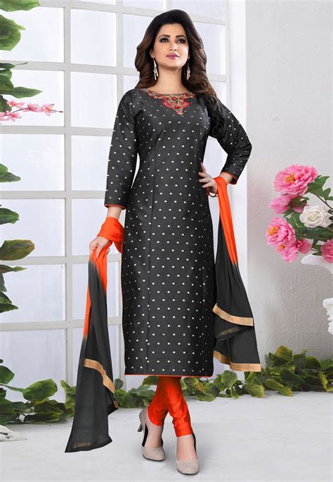 Black Cotton Silk Readymade Churidar Suit Churidar Suits