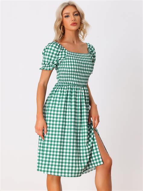 Find Your Perfect Unique Bargains Womens Gingham Square Neck Short Sleeve Casual Plaid Smocked