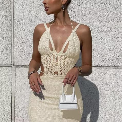 Women Sexy Crochet Knitted Dress Bikini Top Halter Backless Side Split Summer Cover Up Midi