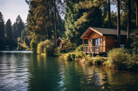 Premium Photo Lakeside Cabins Surrounded By Trees