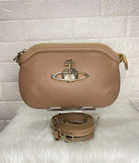 Vivienne Westwood Nude Mocha Brown Vintage Rare Authentic Saffiano Leather Orb Logo Sling Bag
