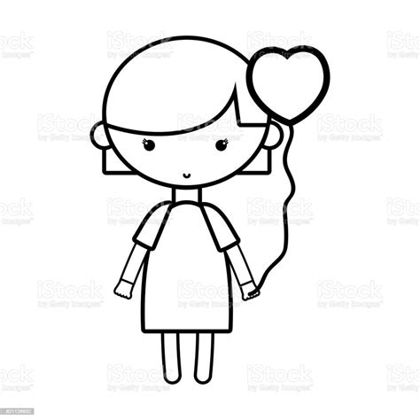 Line Beauty Girl With Heart Balloons And Hairstyle Design Stock