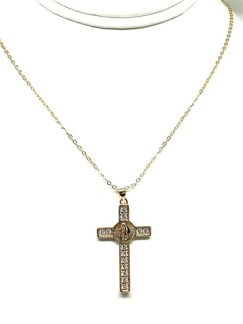 Gold Plated Cubic Zirconia Virgin Mary Cross 20” Chain Necklace Cruz