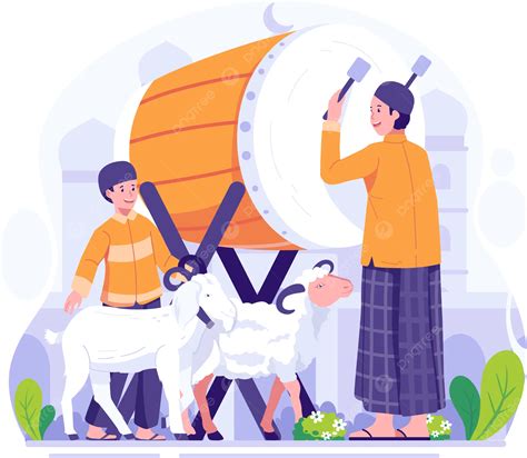 รูปมีความสุข Eid Al Adha Mubarak ทักทายคนมุสลิมตีเตียงหรือกลองเพื่อเฉลิมฉลองภาพประกอบเวกเตอร์