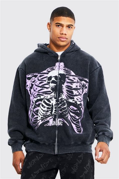 Oversized Skeleton Graphic Zip Through Hoodie Boohoo Usa