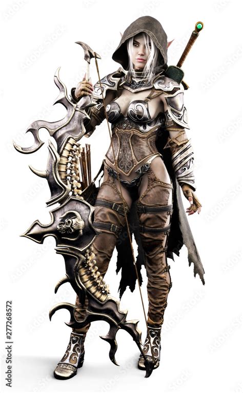 Portrait Of A Fantasy Heavily Armored Hooded Dark Elf Female Archer