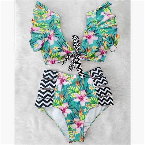 Sexy Bikinis New Double Shoulder Ruffle Bikini Set High Waist