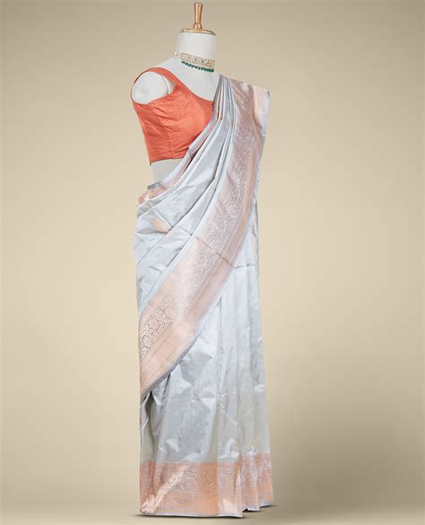 Grey Banaras Kathan Silk Saree With Unique Buttas Traditional Design