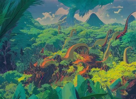 KREA Psychedelic Art Of Dinosaurs And Volcanoes Jungle Landscape