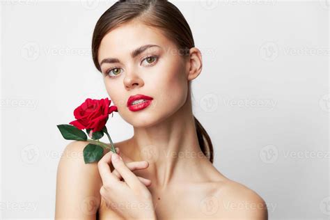 Woman With Flower Nude Shoulders Charm Red Lips Bright Makeup