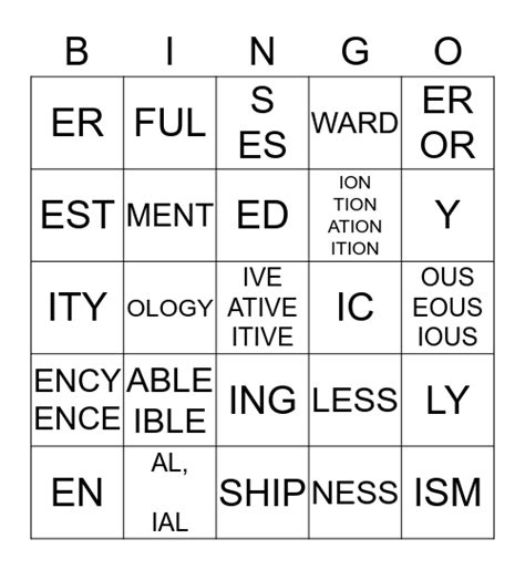 Word Origins Suffixes Bingo Card