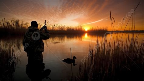 Fondo Cazador De Pie En Un Lago Atardecer Cazador Caza Pato Fondo De