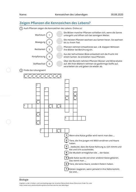 Arbeitsblatt Kennzeichen Des Lebendigen Biologie Tutory De