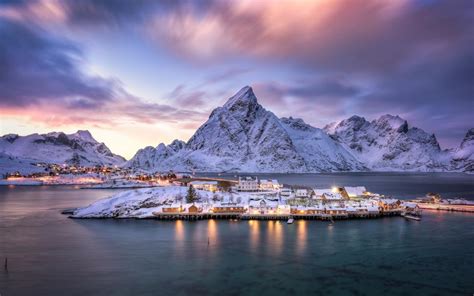 Norway Lofoten Archipelago Village Island Fjord Mountains Snow