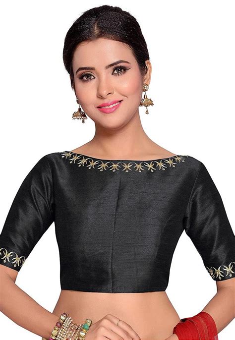 Embroidered Dupion Silk Blouse In Black UVE170