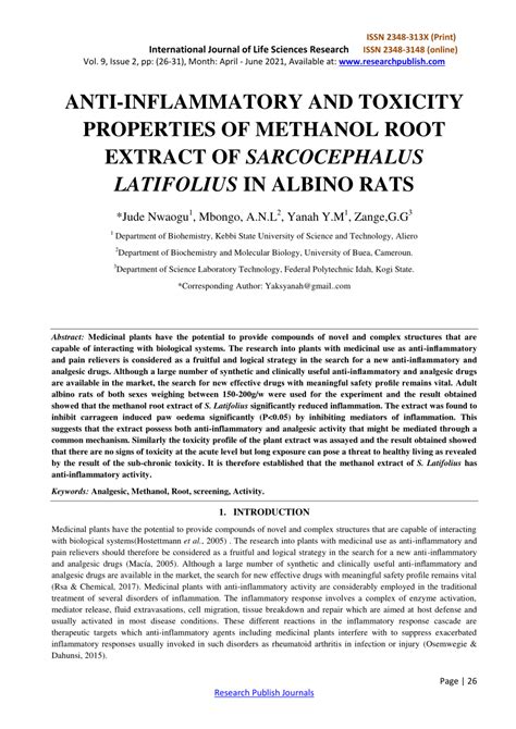 Pdf Anti Inflammatory And Toxicity Properties Of Methanol Root