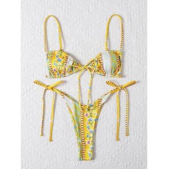 Emmiol Free Shipping Ethnic Floral Lace Up Bikini Set Yellow S In