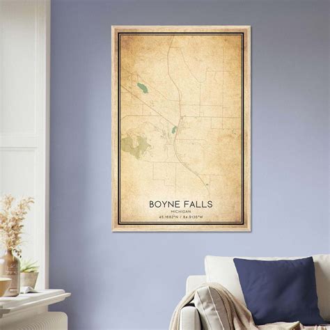 Vintage Boyne Falls Michigan Map Poster, Boyne Falls MI City Road Wall