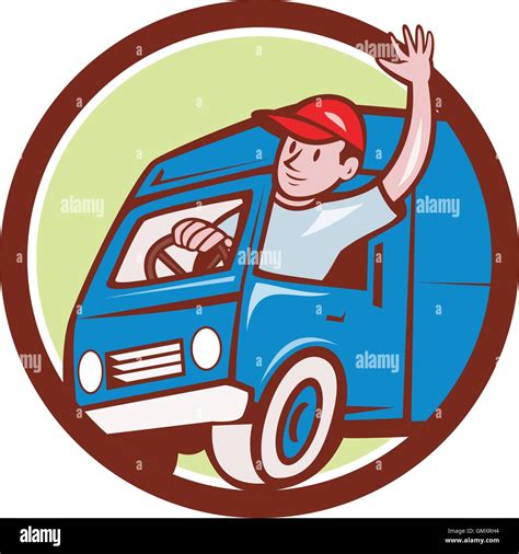 Delivery Man Waving Driving Van Circle Cartoon Stock Vector Image And Art