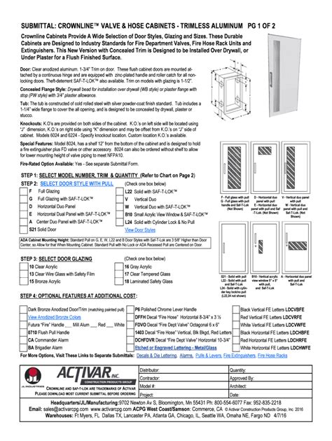 Fillable Online Submittal Crownline Valve Hose Cabinets Trimless Fax