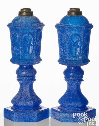 Pair Of New England Cobalt Glass Whale Oil Lamps Sold At Auction On 17th May Bidsquare