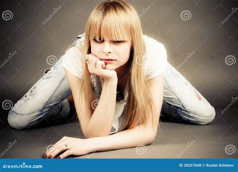 Girl Sits Leaning On Elbow Stock Photo Image Of Arrogance 30257608