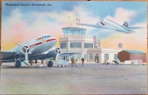 Savannah Ga 1940s Linen Postcard Municipal Airport Airplane Georgia