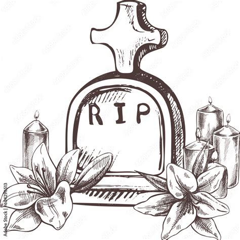 Old Hand Drawn Murble Stone Tombstone With Candles And Lilies Rest In