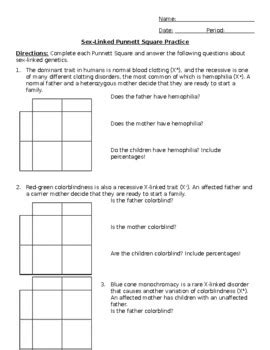 Sex Linked Punnett Square Practice By Aryka Smith TPT