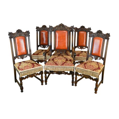 Victorian Renaissance Revival Set of 7 Carved Oak Dining Chairs | Chairish