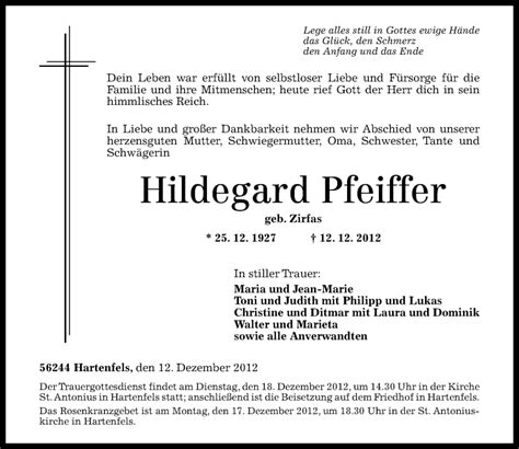 Traueranzeigen Von Hildegard Pfeiffer Rz Trauer De