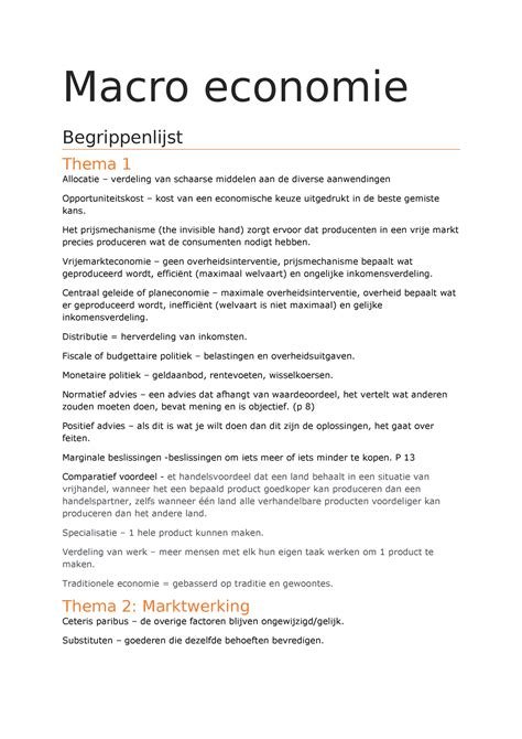 Begrippenlijst Micro En Macro Macro Economie Begrippenlijst Thema