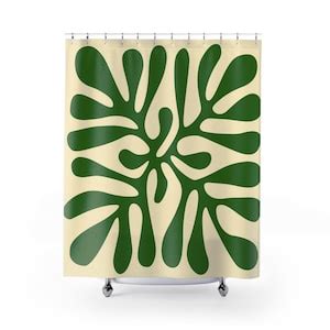 Modern Art Deco Shower Curtain Abstract Plant Print Mid Century