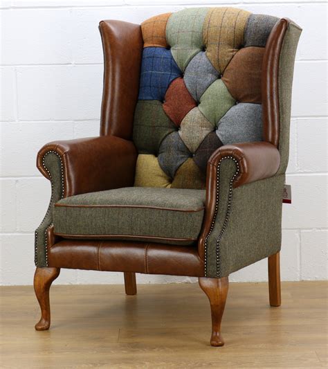 Harris Tweed Patchwork Chair C001YM Medium Brown Leather Etsy UK