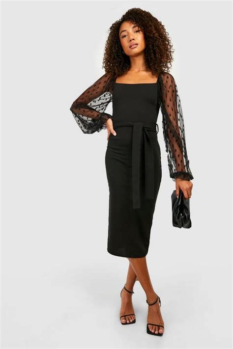 Dresses Tall Dobby Mesh Belted Midi Dress Boohoo