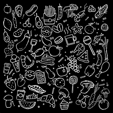 Vector set icons with foods. Doodle vector with foods icons on black ...